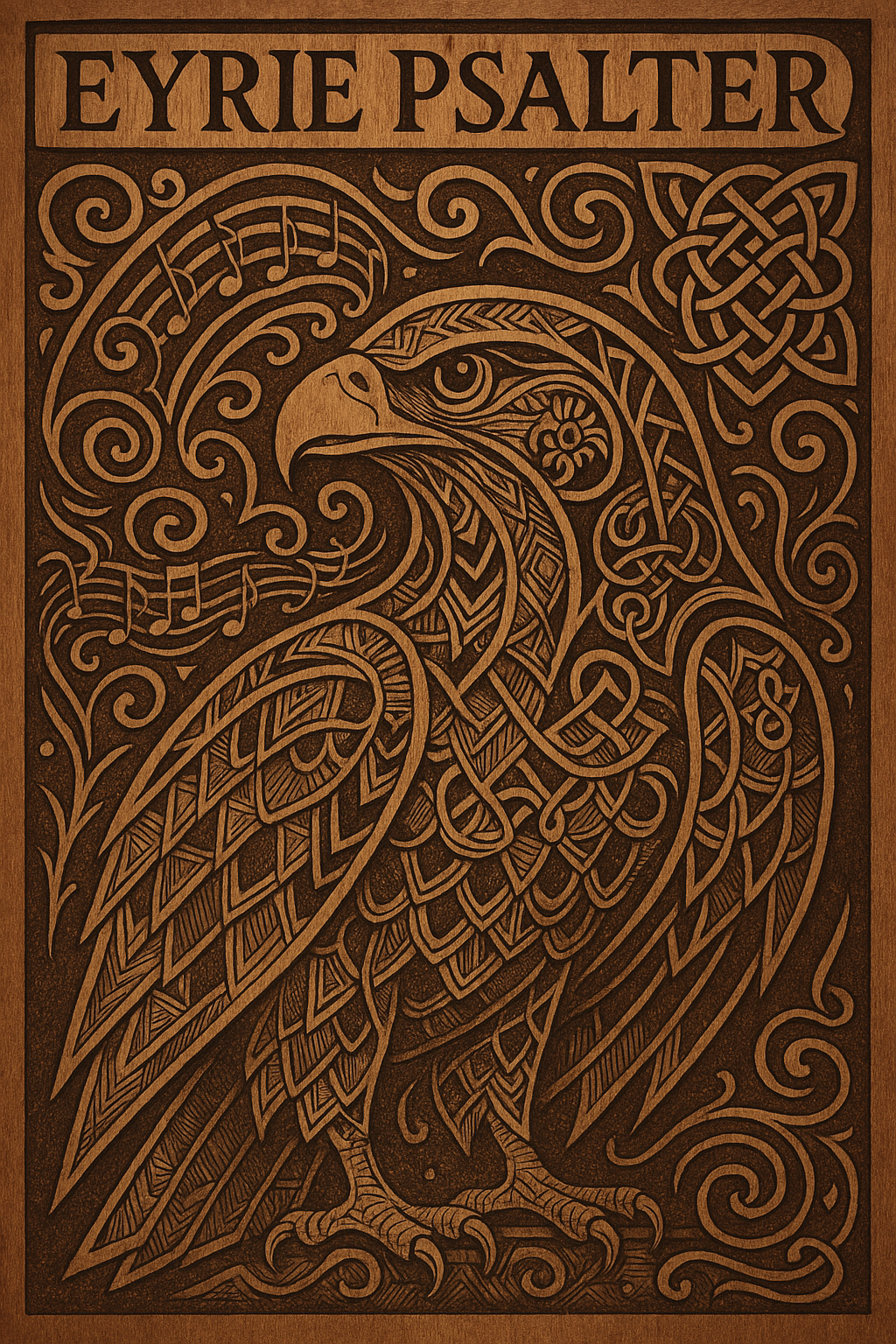 Eyrie Psalter artwork: a carved eagle surrounded by Celtic knotwork and musical notes.